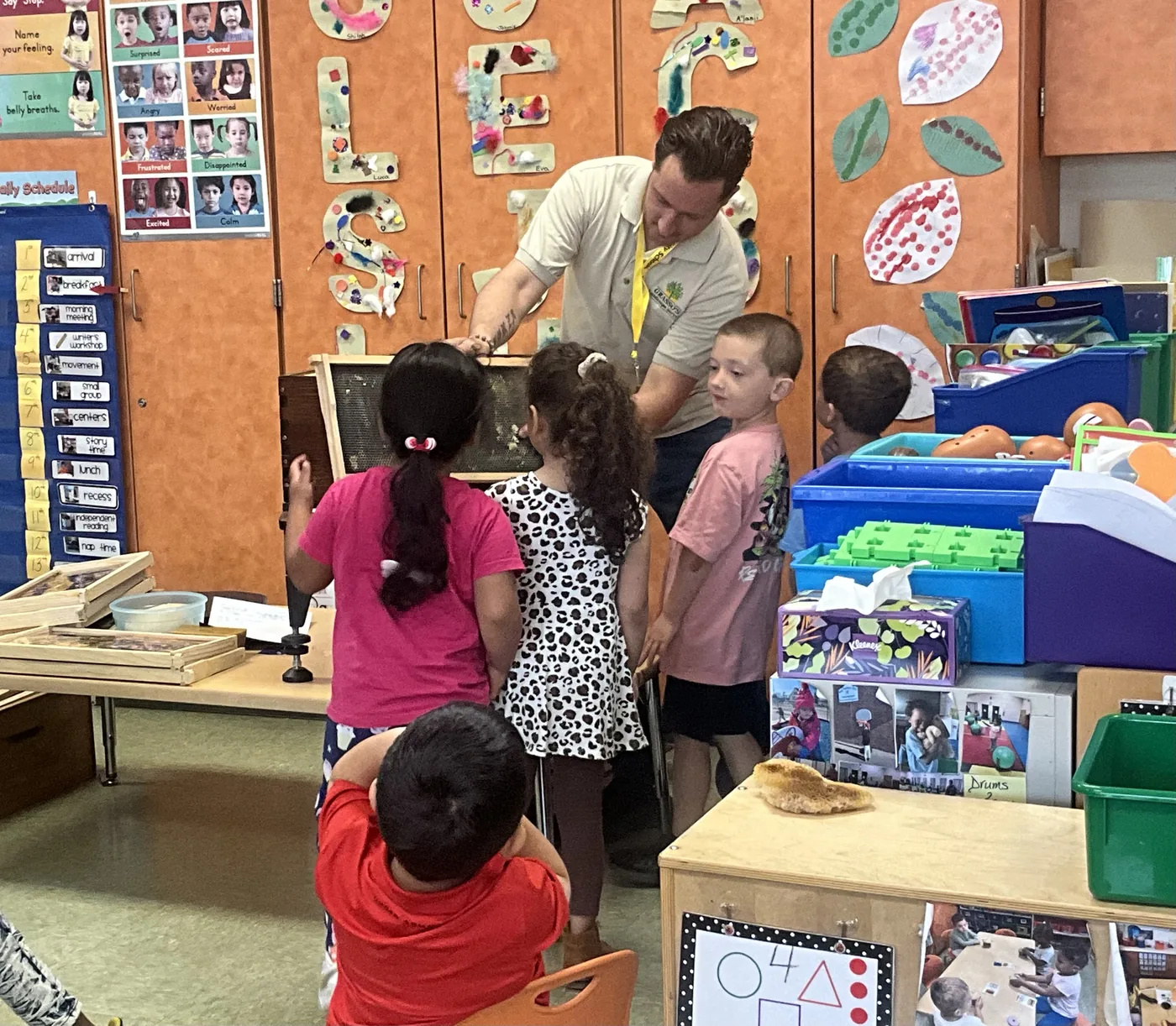 Founder Don Grasso holds a honeycomb frame for students to see up close