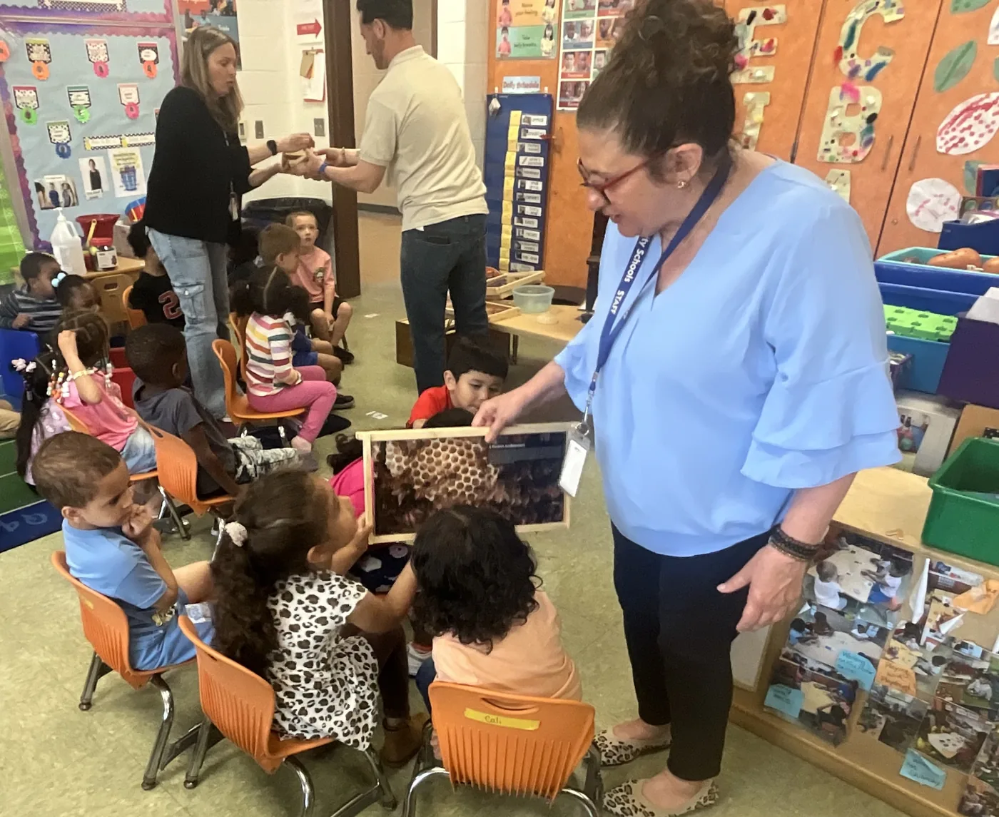 A teacher shows a framed honeycomb to a small group of students