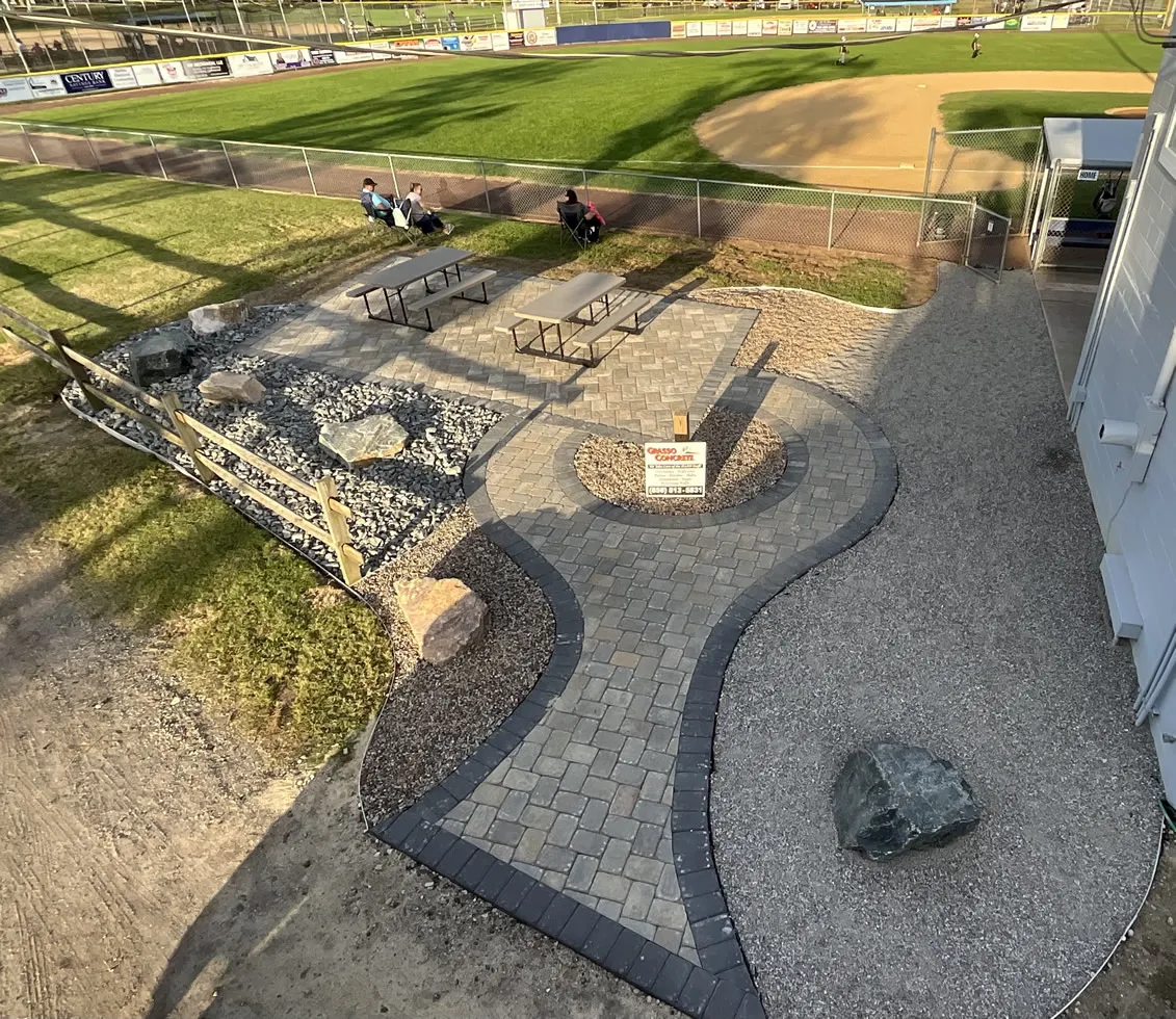 Aerial view of the new community gathering space and rock garden at Elmer Little League