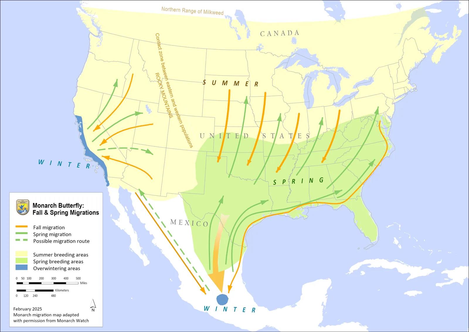 Monarch fall and spring migration routes across North America, with breeding and overwintering areas shaded