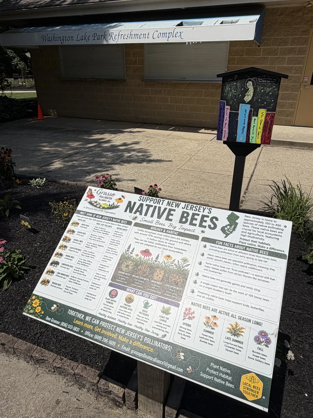 A Support New Jersey Native Bees educational sign installed outside the park refreshment complex